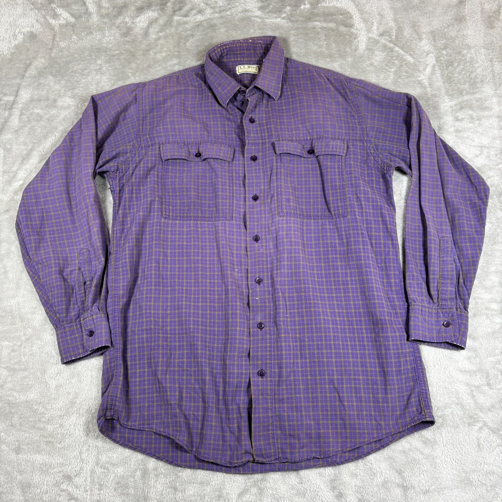 Vintage LL Bean Shirt Mens Tall Large Purple Plaid Check Button Up Made In USA